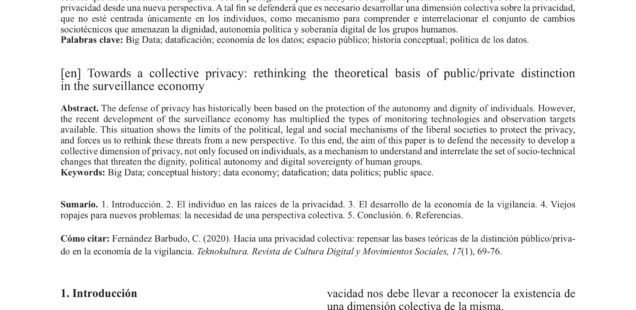 Hacia una privacidad colectiva: repensar las bases teóricas de la distinción público/privado en la economía de la vigilancia